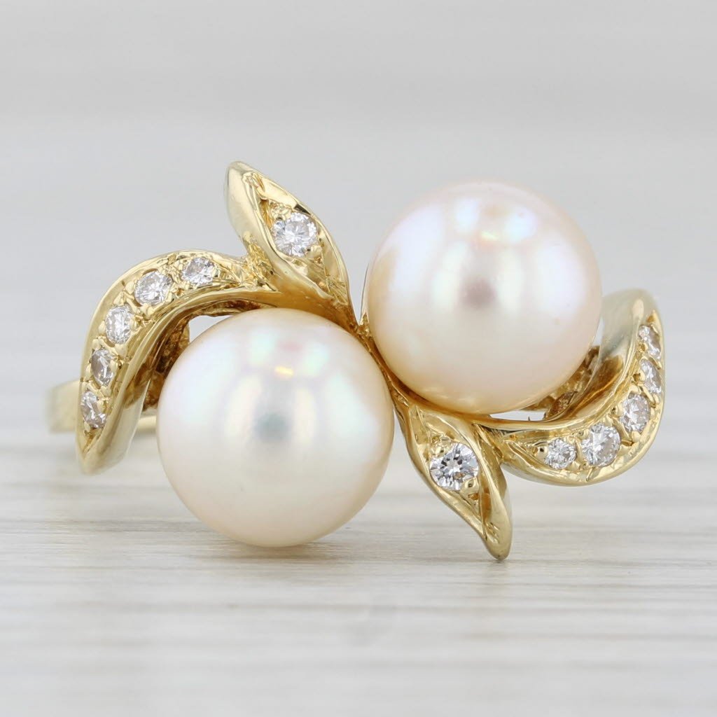Two Cultured Pearls 0.12ctw Diamond Bypass Ring 18k Yellow Gold Size 7.75