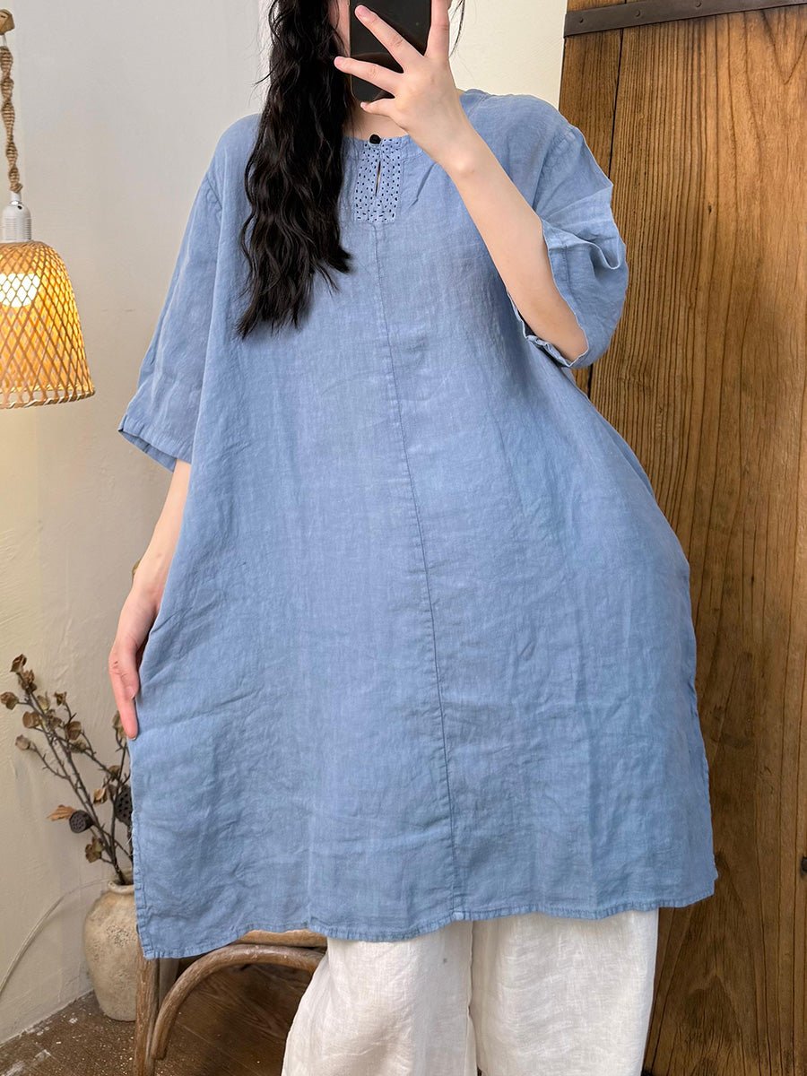 Women Summer Casual Pure Color O-Neck Hemp Shirt