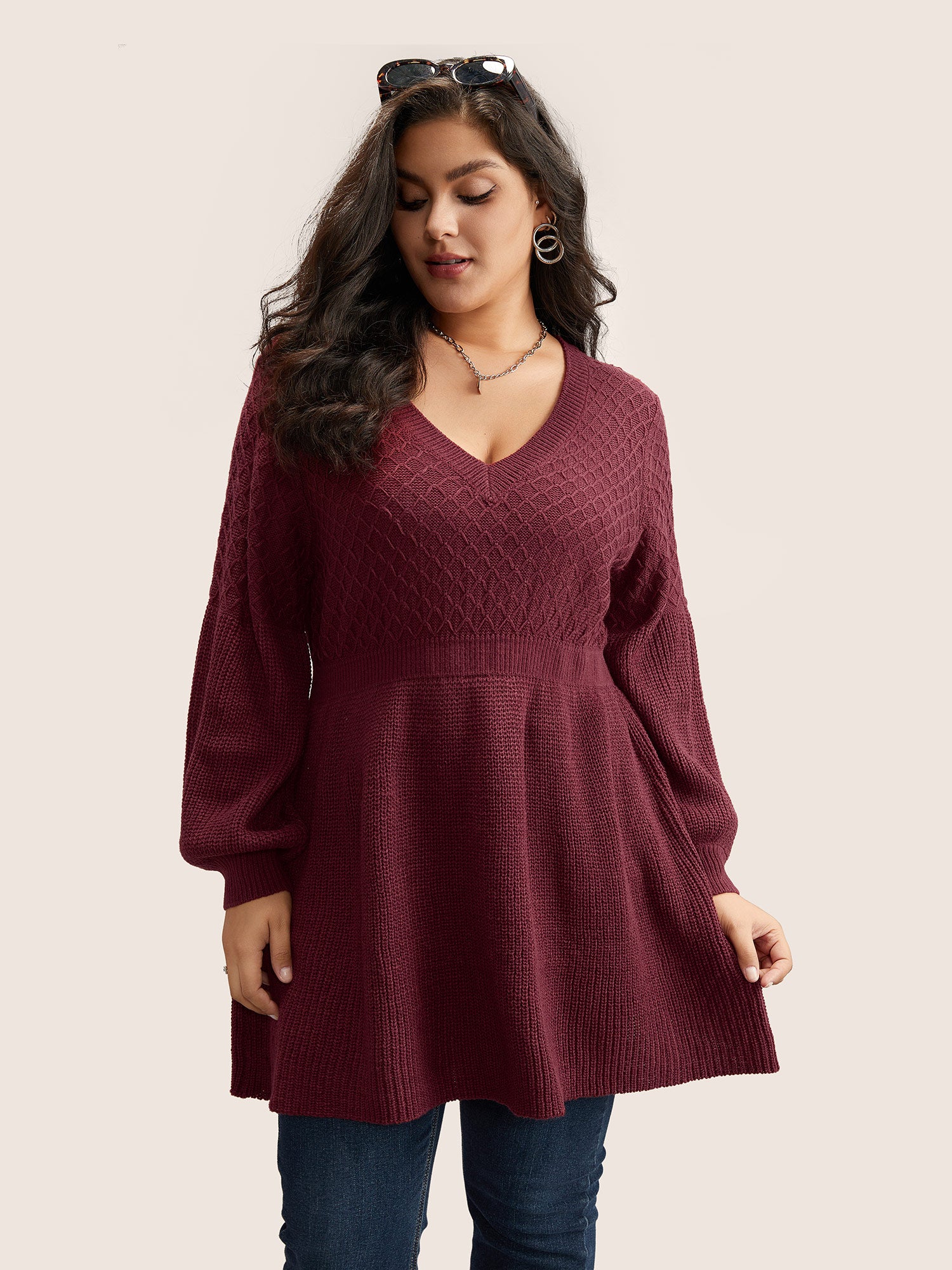 Plain Plisse Lantern Sleeve A Line Pullover