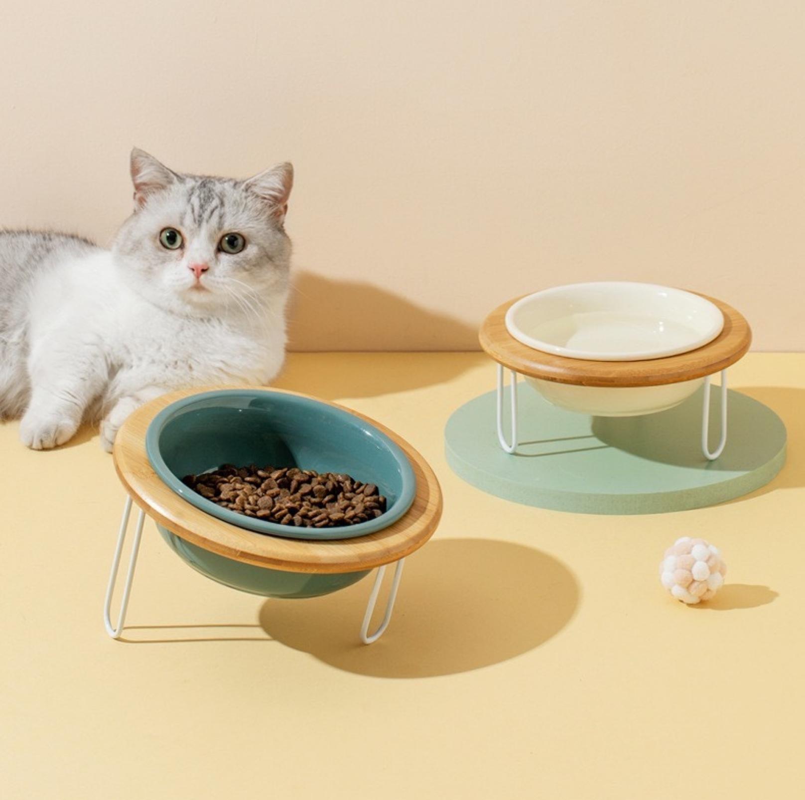 Height-Adjustable Ceramic Cat Bowls Small Dog Bowls with Bamboo Round Frame