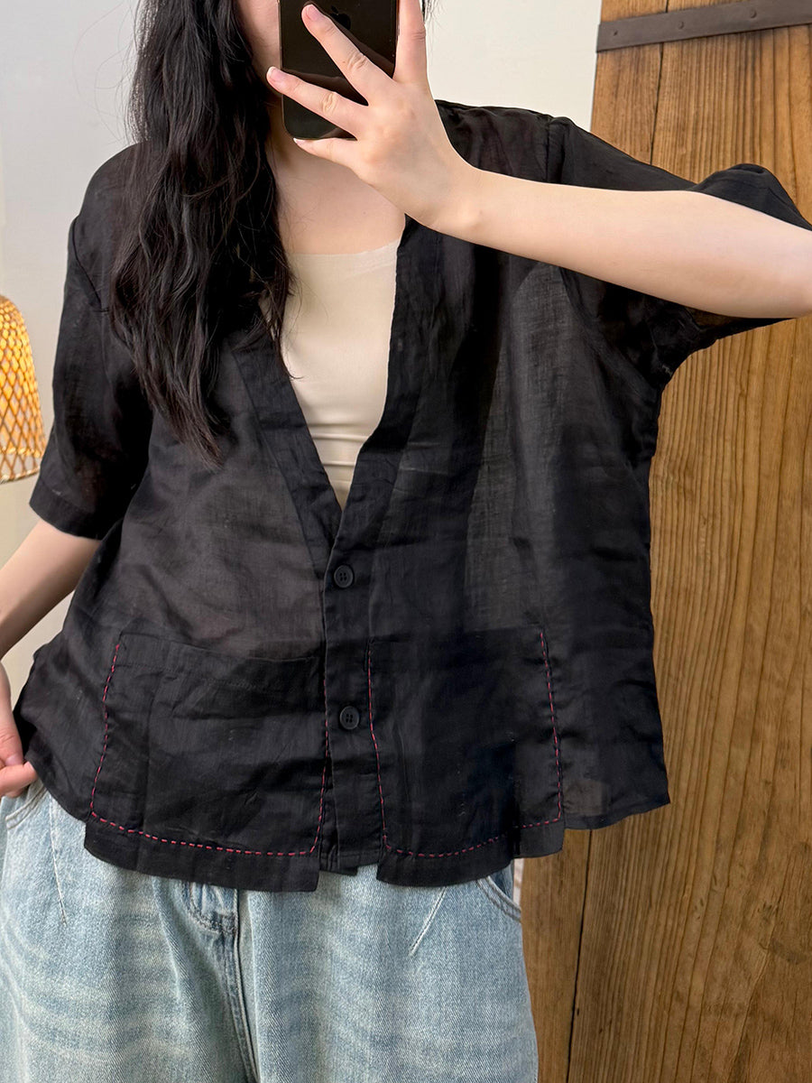 Women Summer Casual Pure Color V-Neck Ramie Shirt