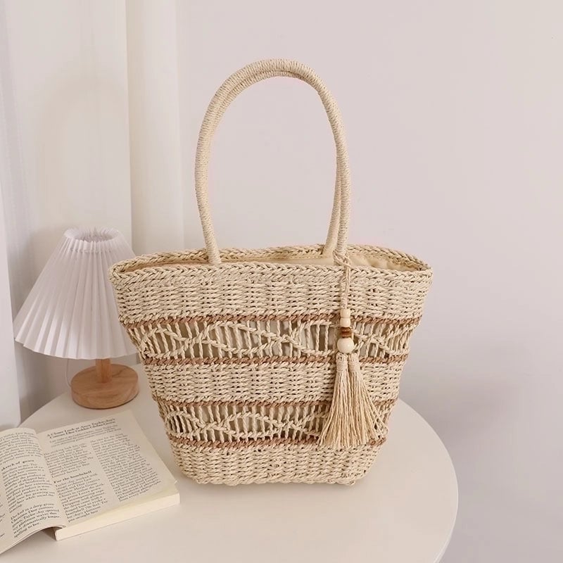 Women's Medium Straw Color Block Vintage Style Square Zipper Handbag