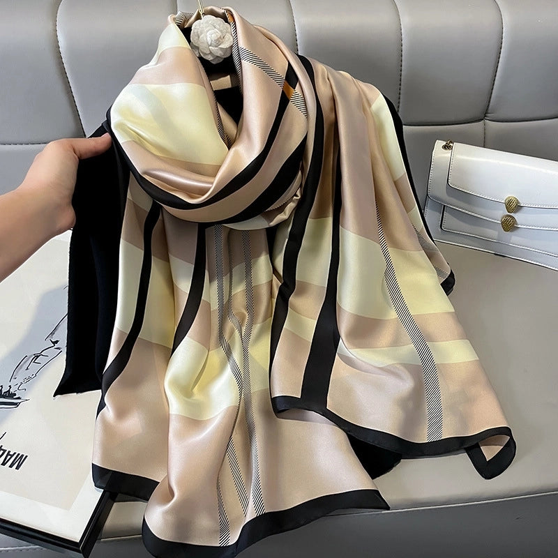Simple Plaid Silk Scarf Elegant Shawl Spring And Summer Elegant Sunscreen Silk Scarf Women