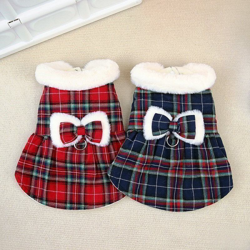 Plaid Fleece Bowknot Dog Harness Dress Coat