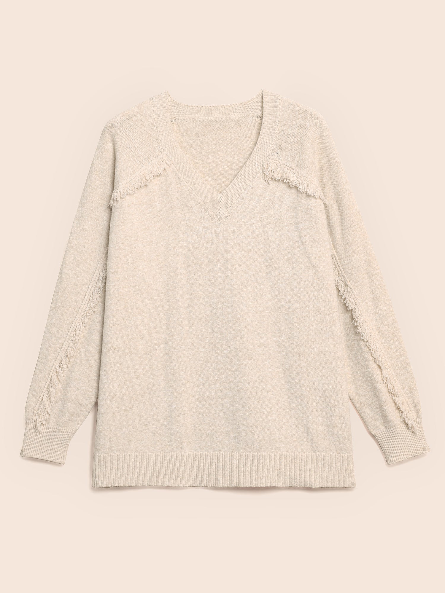 V Neck Raglan Sleeve Fuzzy Trim Pullover