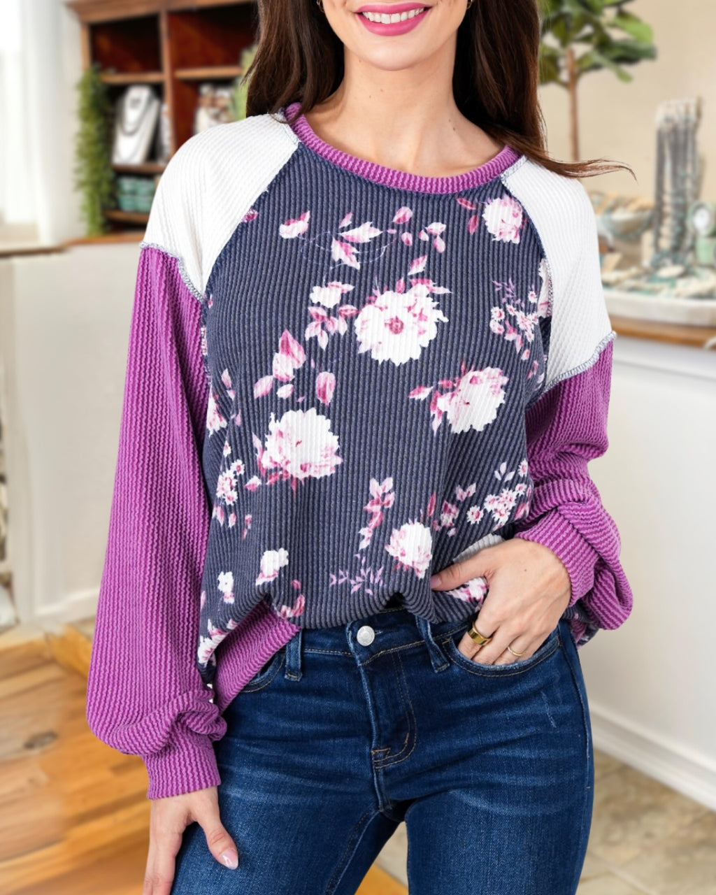 Twisted Ribbed Floral Pullover