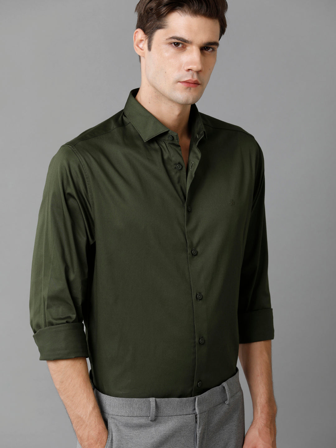 Mens Regular Fit Solid Olive Green Formal Satin Shirt (SAUOL)