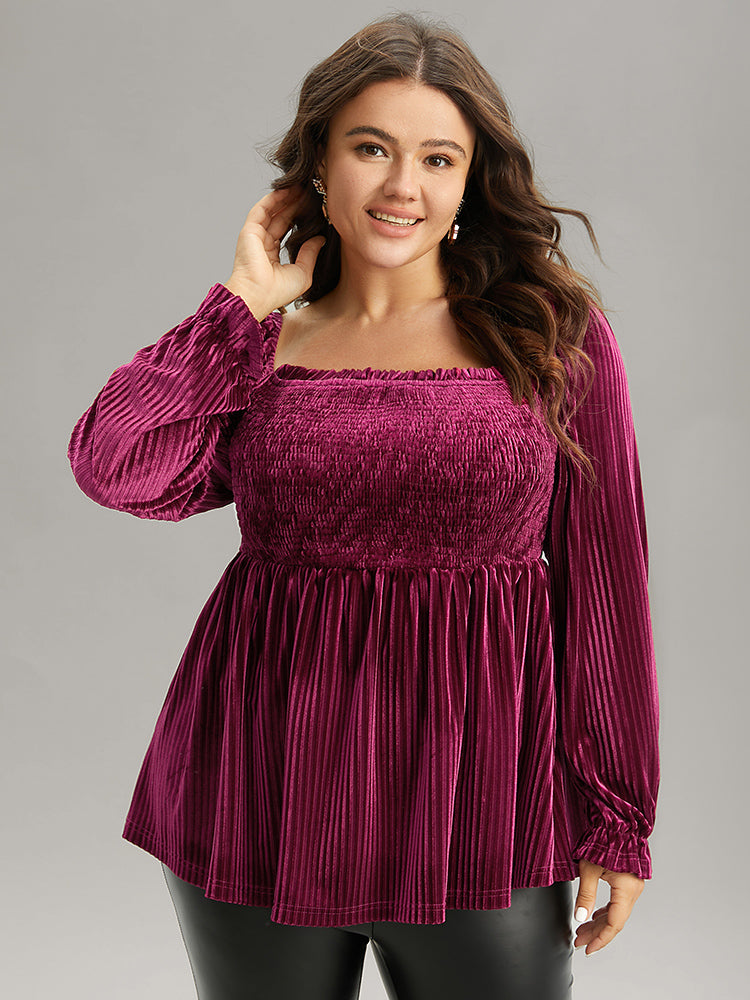 Velvet Frill Trim Shirred Square Neck Blouse