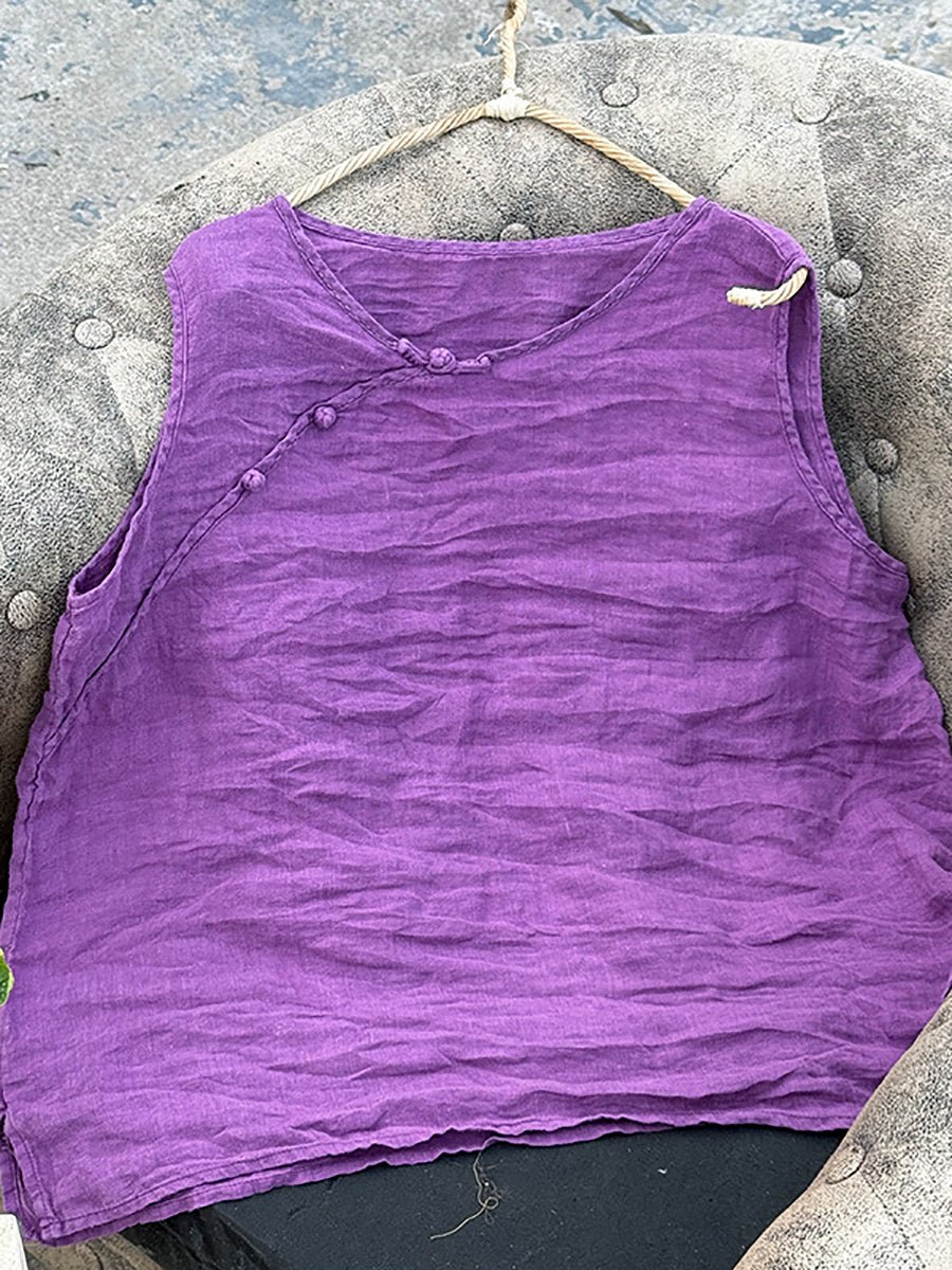 Women Summer Pure Color O-Neck 100%Linen Vest