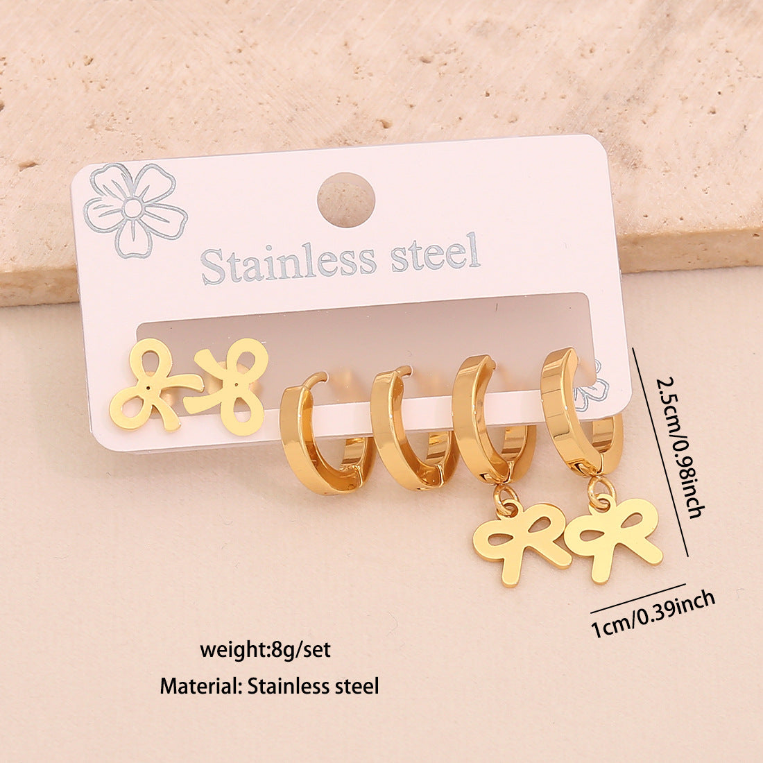 3 Pairs Of Love Butterfly Stainless Steel Earrings Set Flower Crown Earrings E612