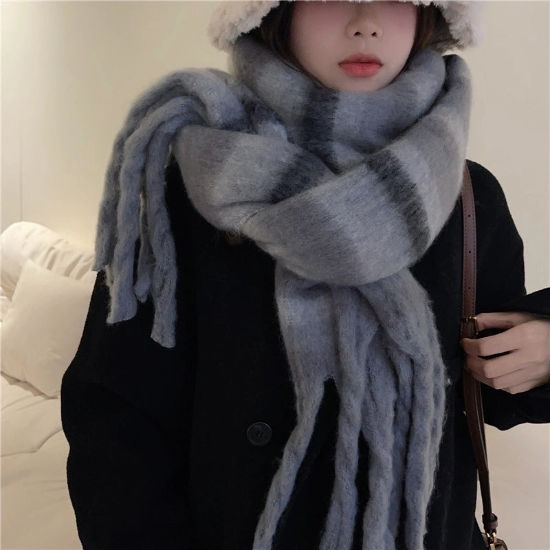Plaid Tassel Mohair Scarf Women's Spring Students Travel Fashionable Sticker Casual Scarf