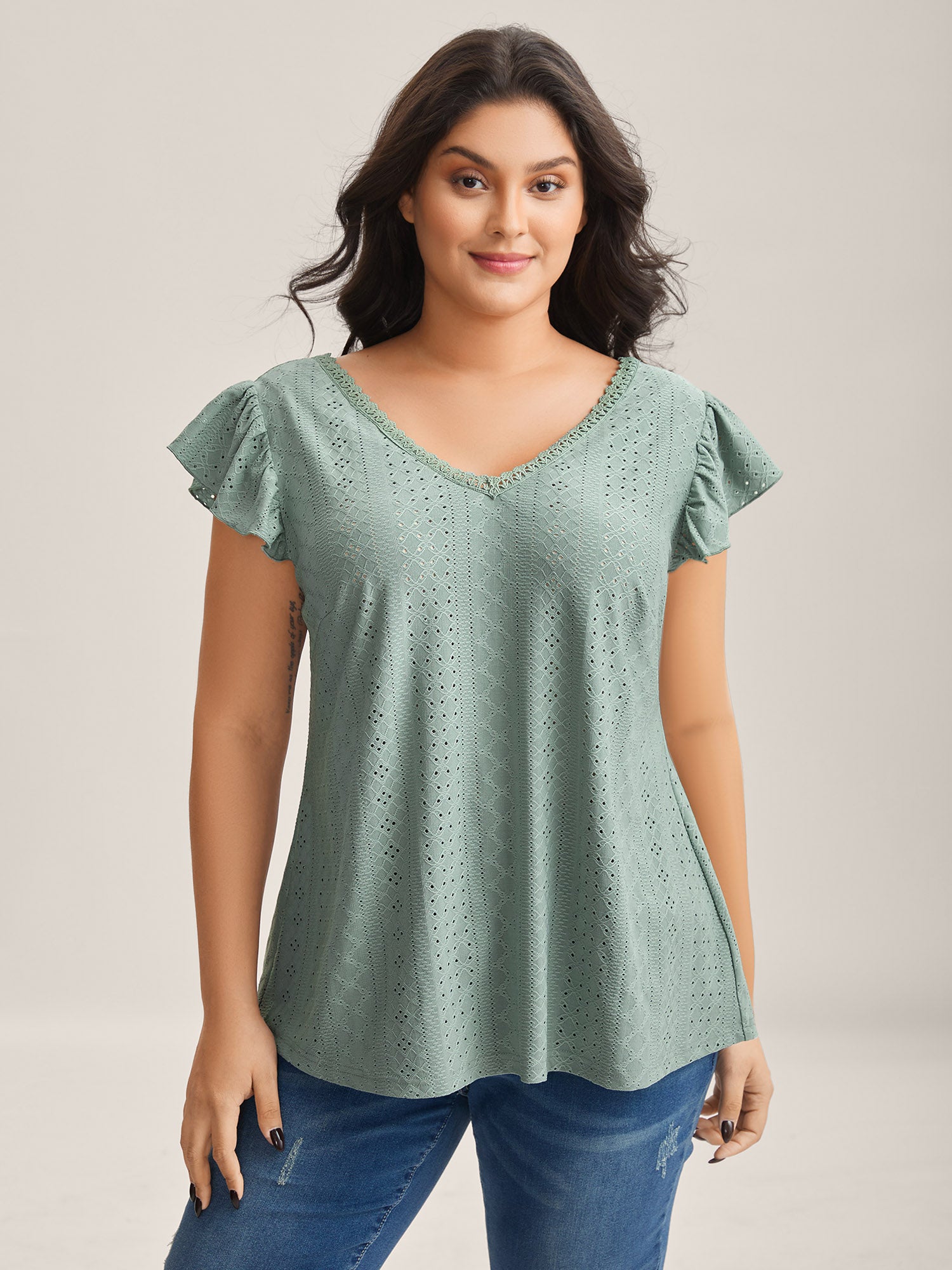 Eyelet Trim Flutter Sleeve Backless T-Shirt