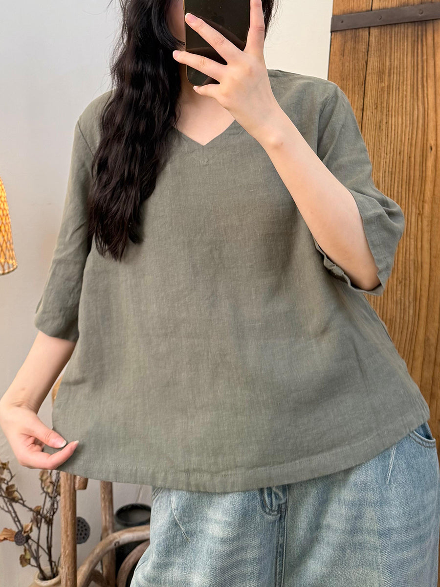 Women Summer Retro Pure Color V-Neck Linen Shirt
