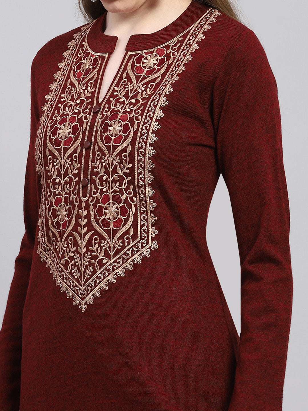 Women Maroon Embroidered Round Neck Full Sleeve Kurti Set for Winter