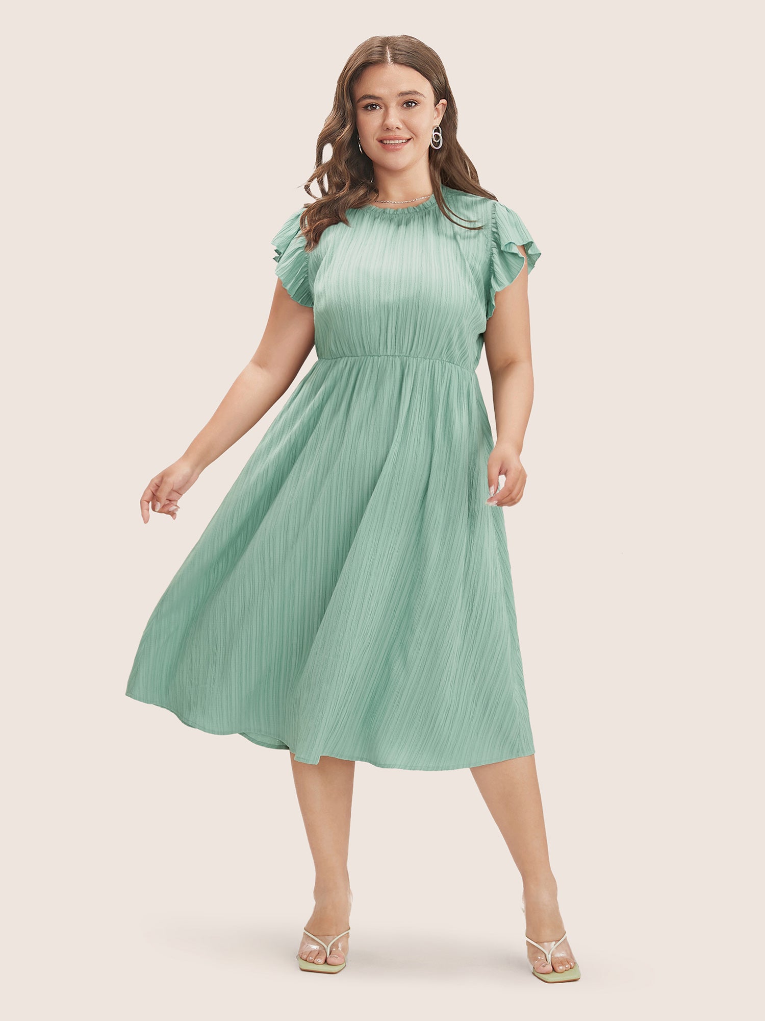 Plain Cap Sleeve Ruffles Trim Mock Neck Pocket Dress