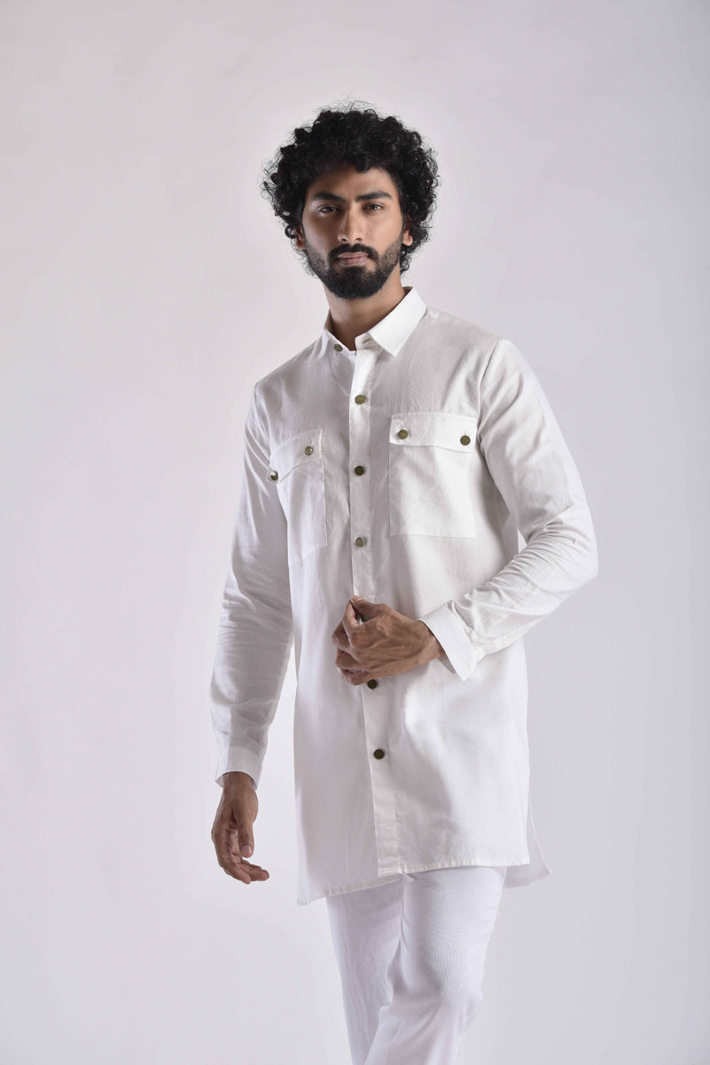 White Pashtooni Kurta Pant Set