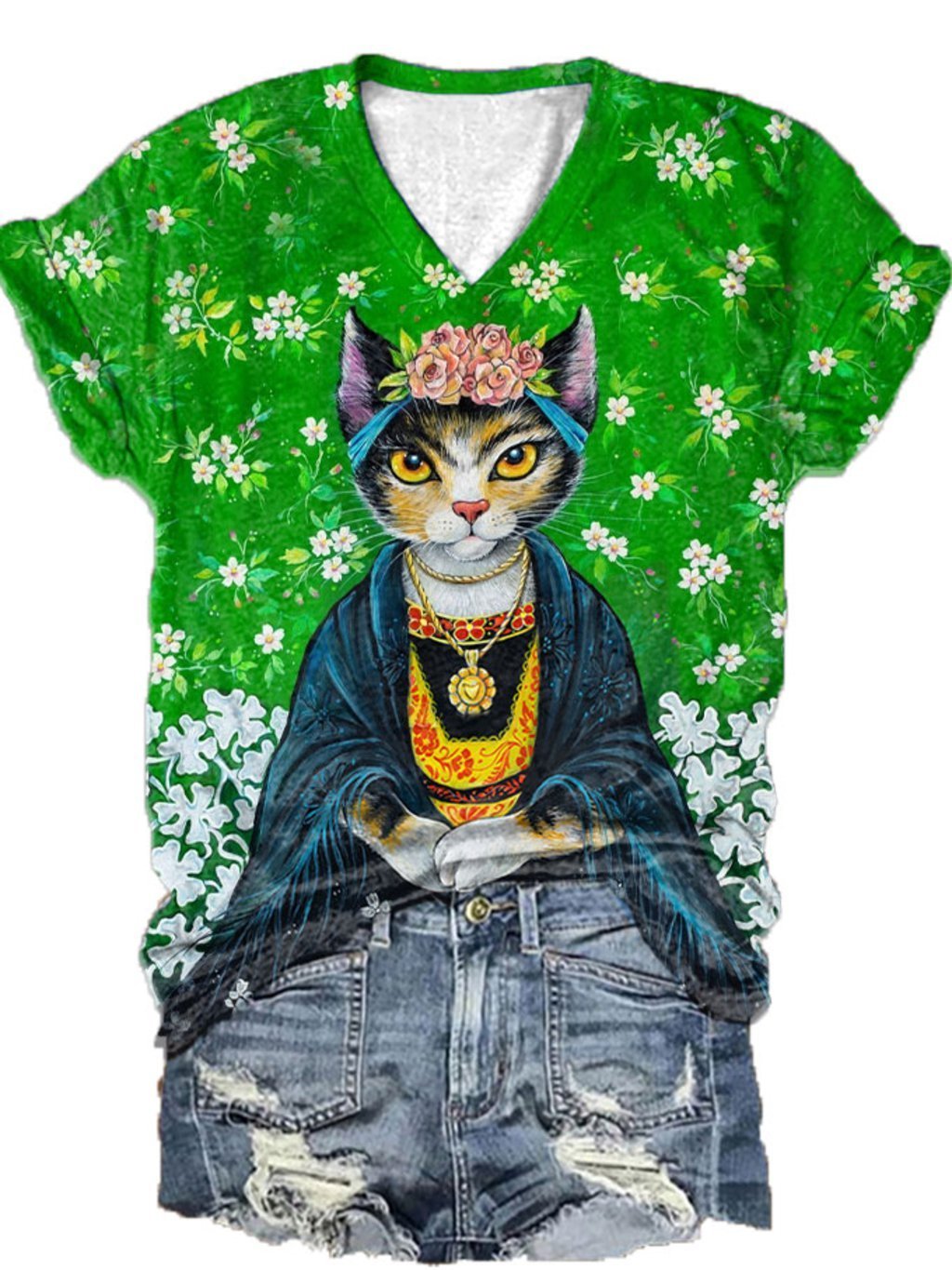 Women's Funny Cat Art Print V-Neck T-Shirt