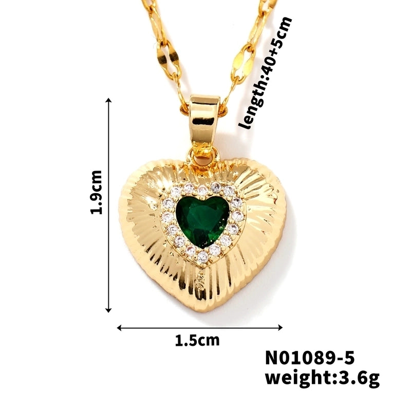 Classic Style Heart Shape 304 Stainless Steel Copper Zircon K Gold Plated Rhodium Plated Inlay Pendant Necklace