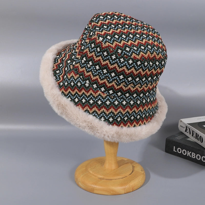 Women's Casual Vacation Ethnic Style Color Block Plush Wide Eaves Bucket Hat