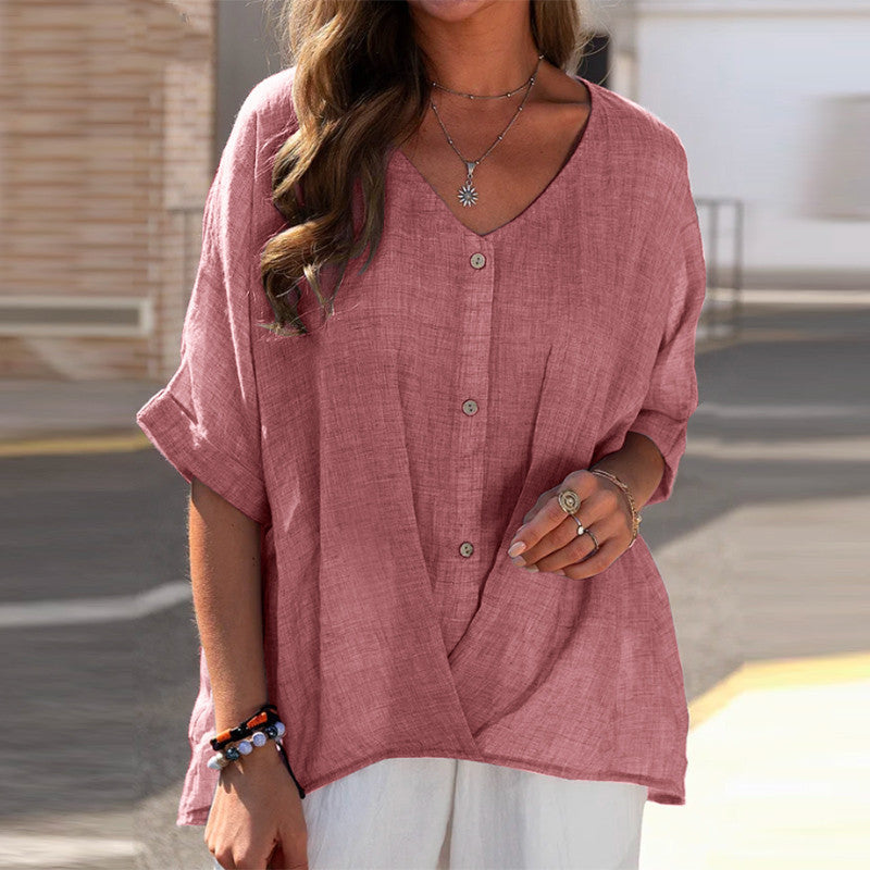 Cotton and Linen V-neck Pullover Short Sleeve Loose Fit Women's Shirt Casual Top