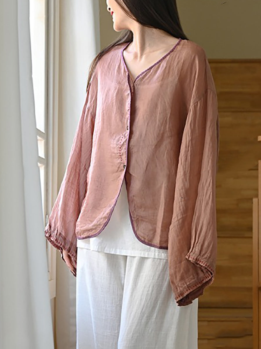 Women Summer Pure Color Ramie Button-up V-Neck Shirt