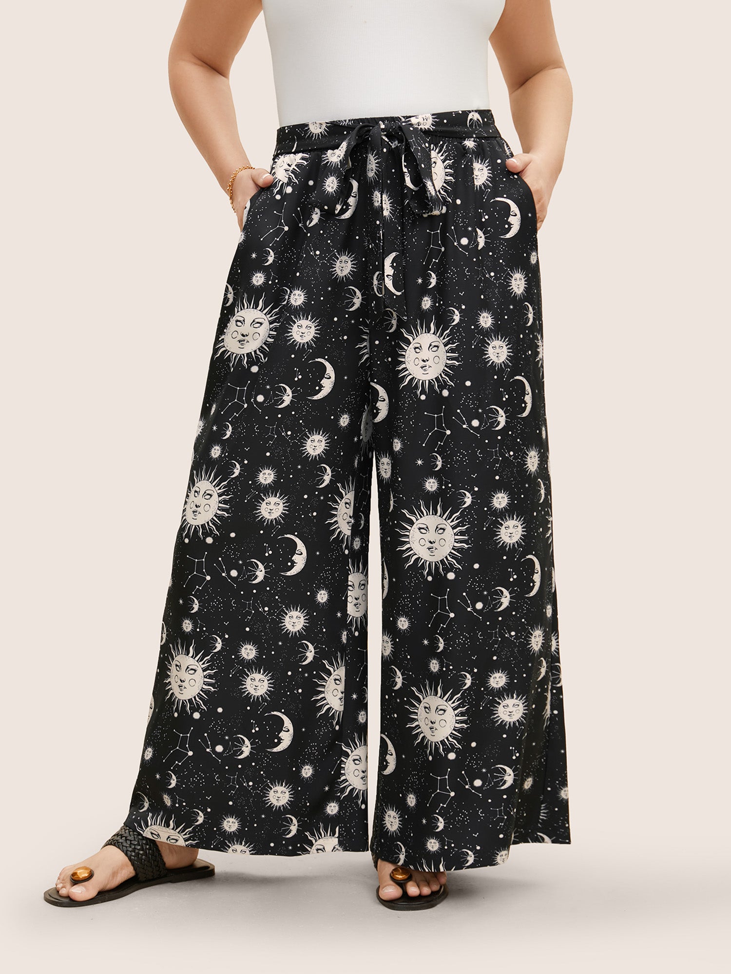 Silhouette Floral Print Ties Side Seam Pocket Pants