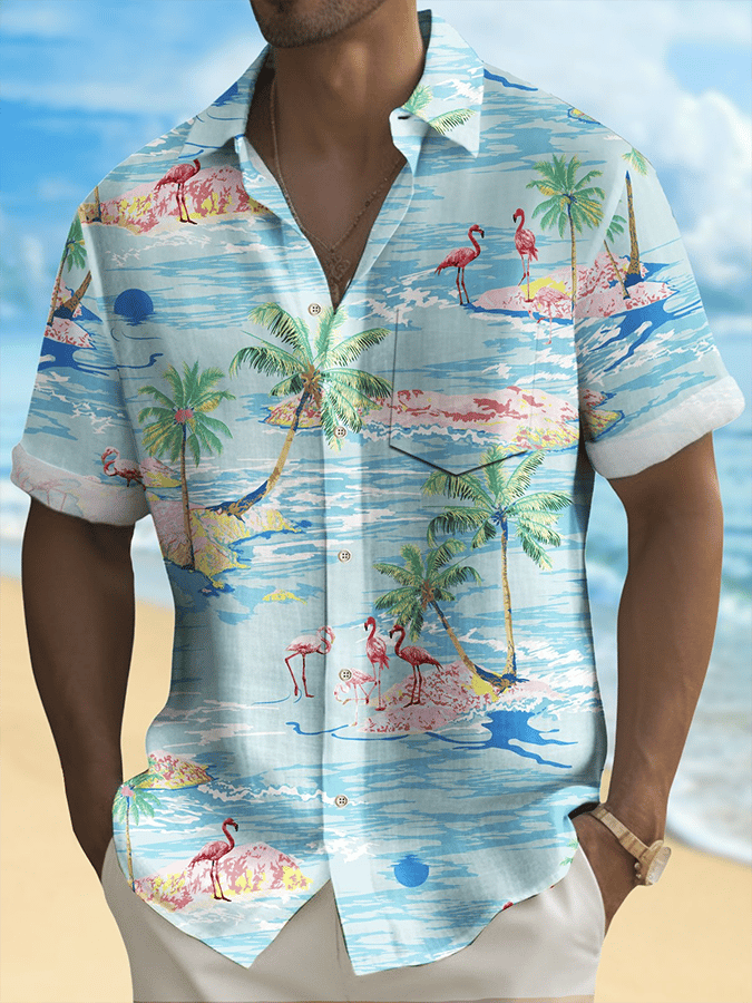 Men's Hawaiian Shirt Coconut Tree Flamingo Print Pocket Shirt