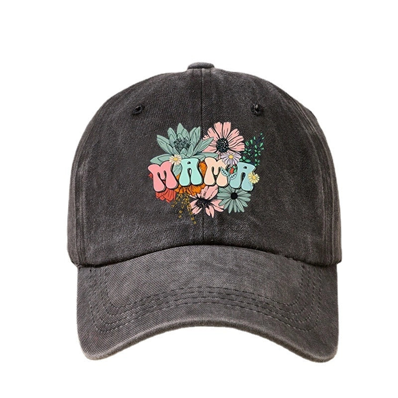New Vintage Personalized Fashion Men's And Women's Letter Printing Flower MAMA Washed Baseball Cap Outdoor Casual Duck Tongue
