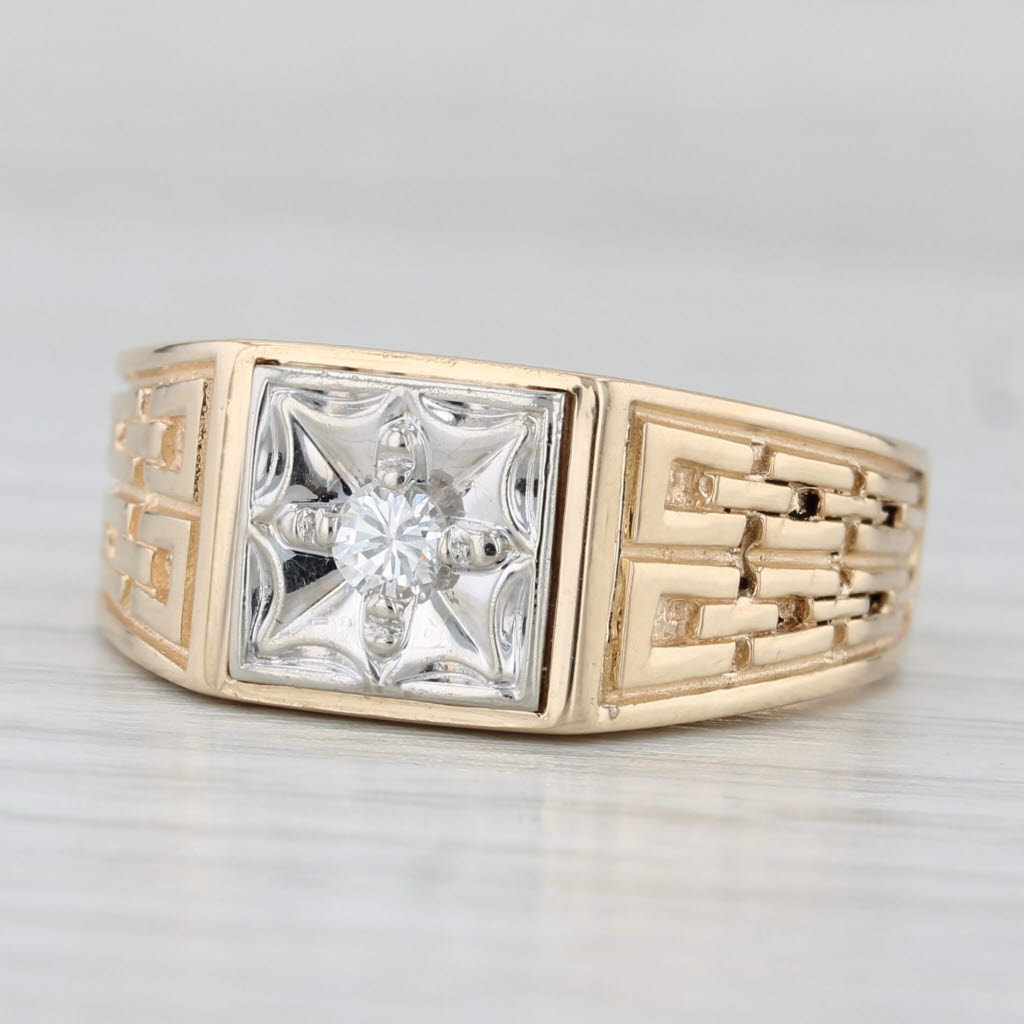 0.10ct Diamond Solitaire Ring 14k Gold Vintage Men's Chain Pattern