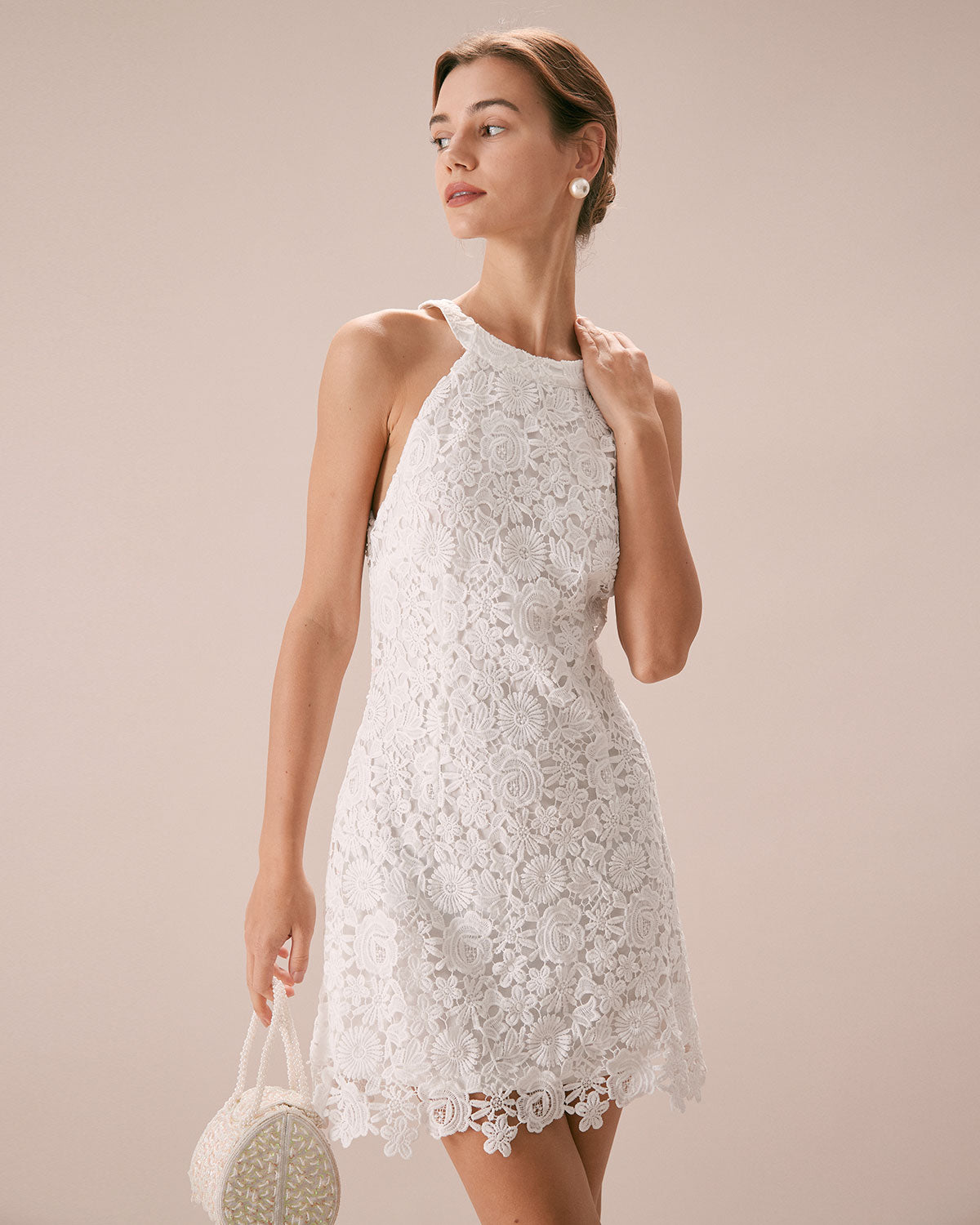 The White Halter Lace Sheath Mini Dress
