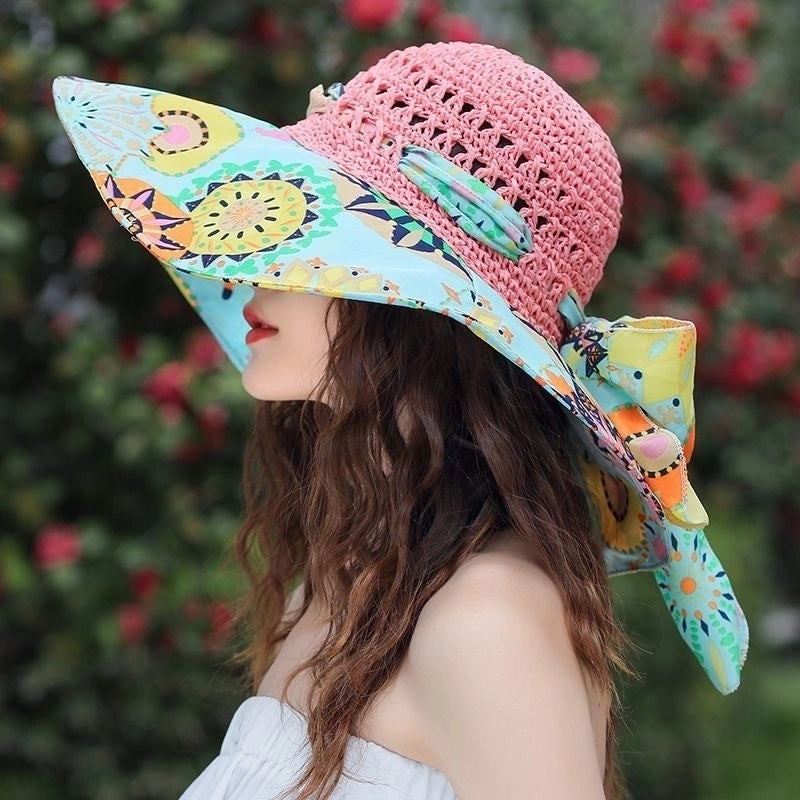 Women's Minimalist Color Block Printing Big Eaves Sun Hat