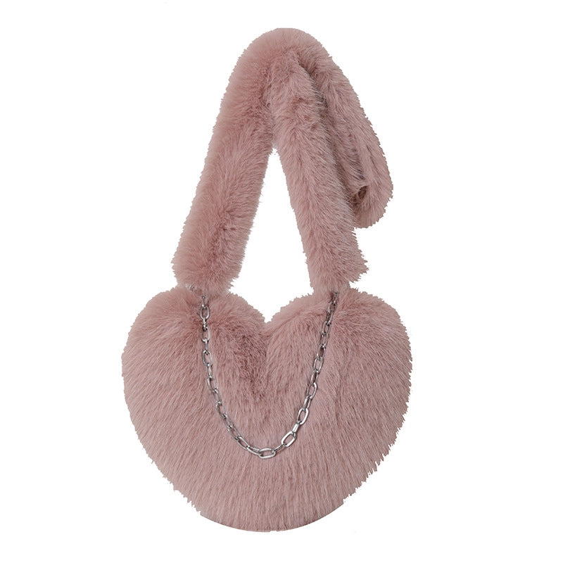 Women's Plush Solid Color Cute Heart-shaped Zipper Crossbody Bag