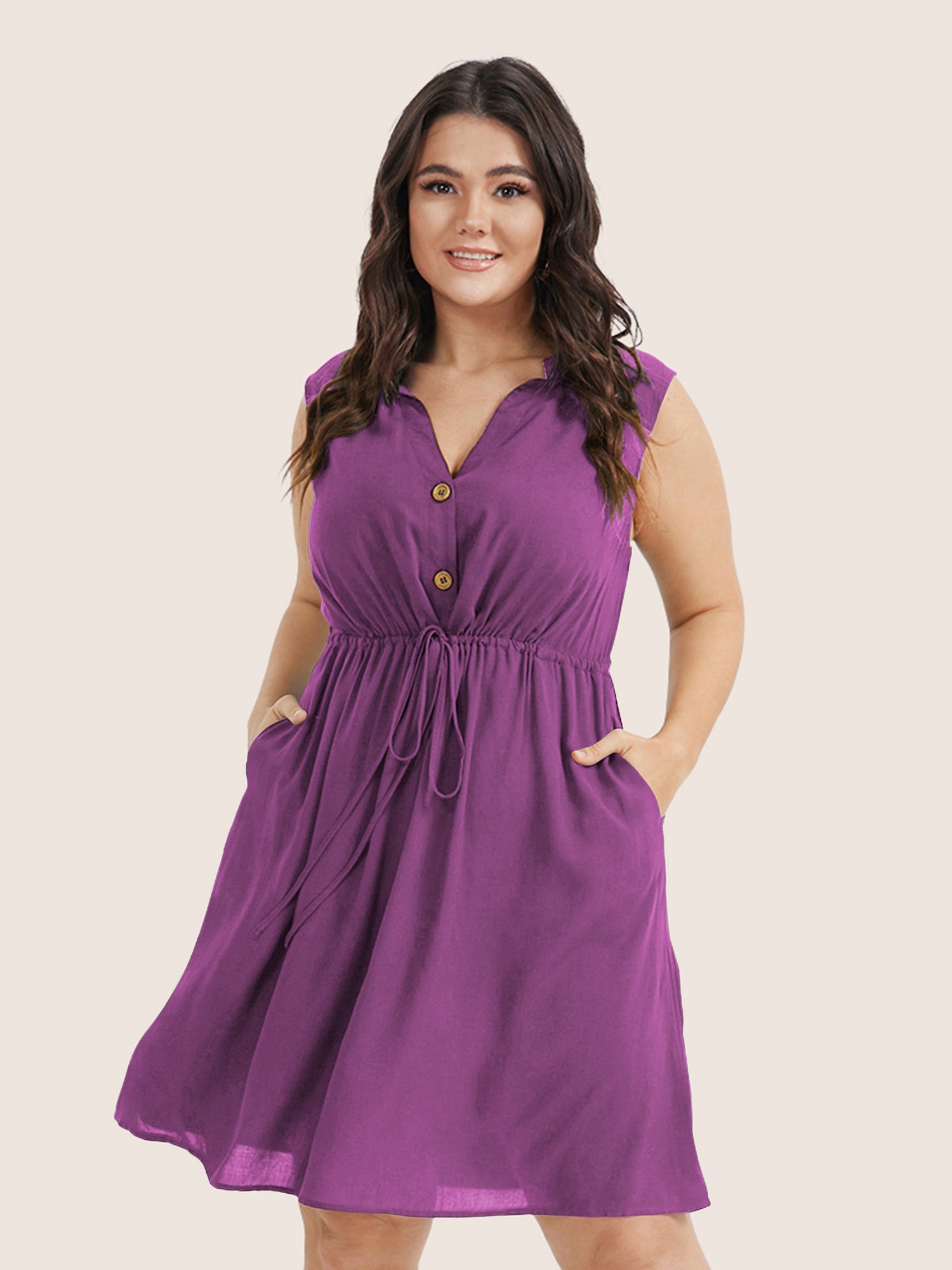 Plain Ties Front Button Pocket V Neck Dress