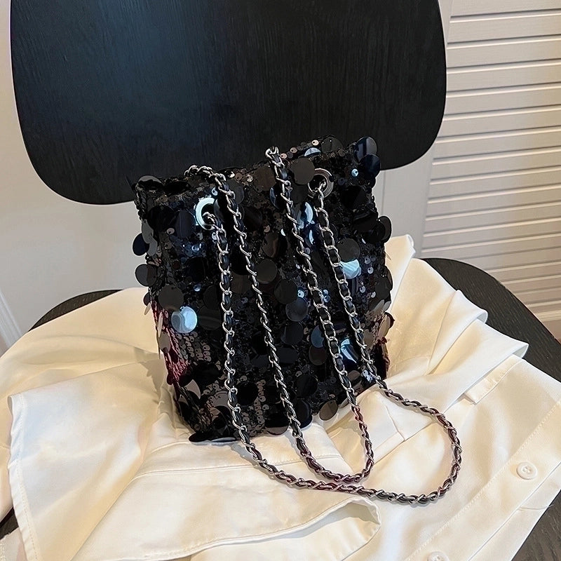 Women's Small Sequin Solid Color Basic Bucket Magnetic Buckle Underarm Bag
