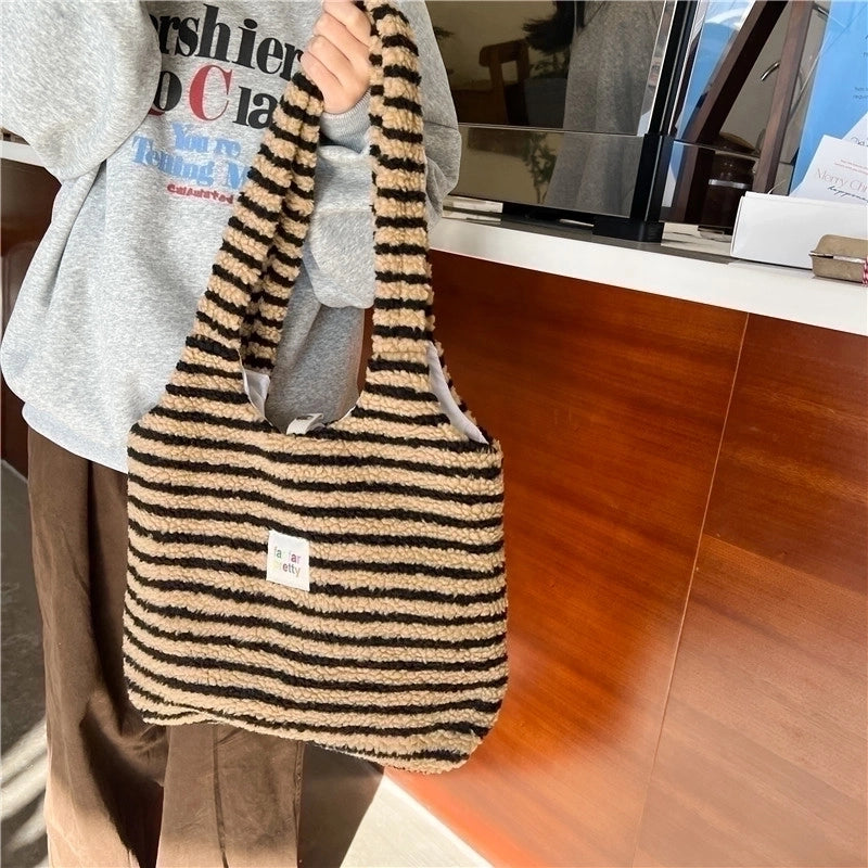 Women's Fleece Stripe Classic Style Square Magnetic Buckle Shoulder Bag