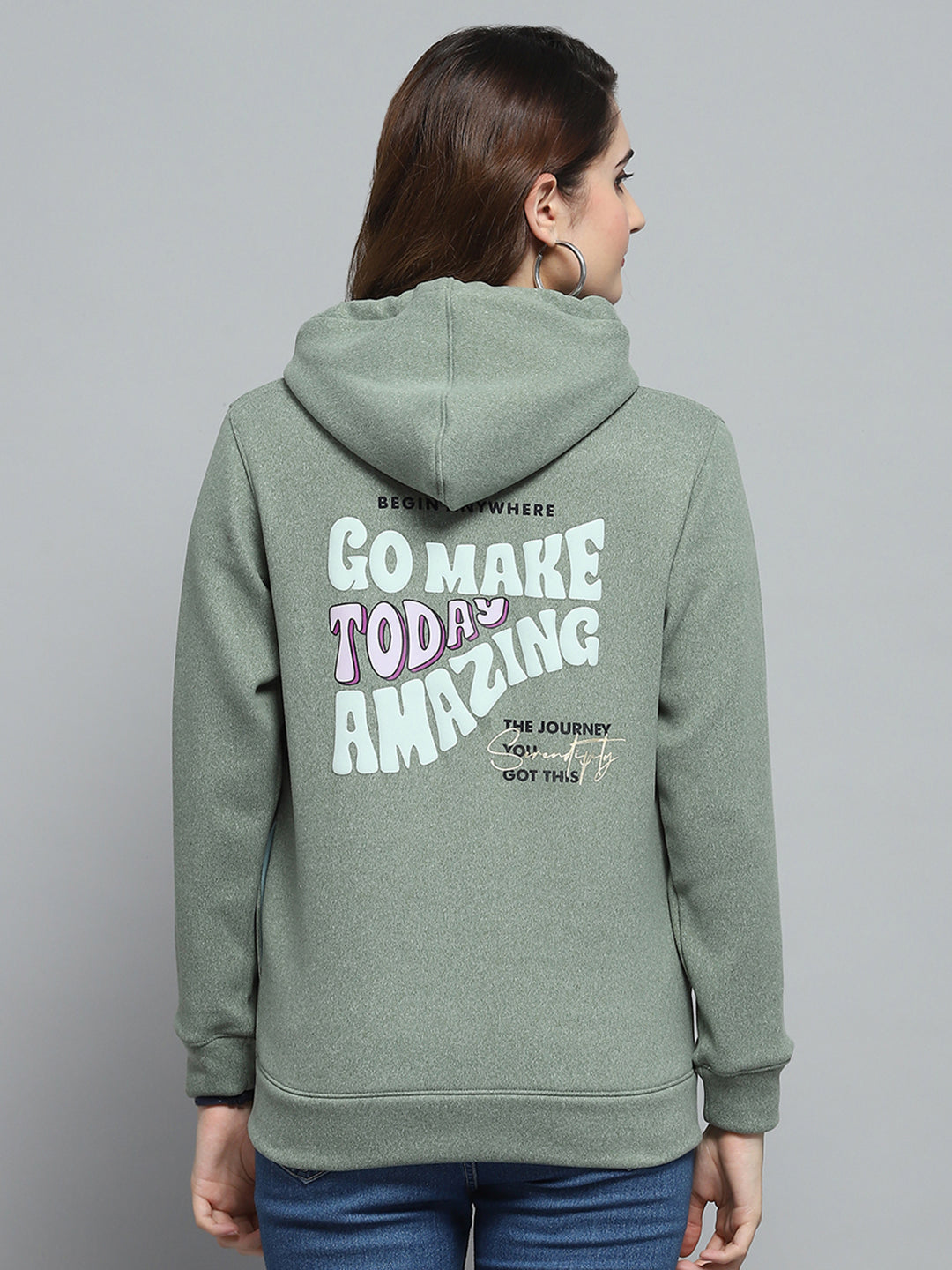 Women Green Printed Hooded Full Sleeve Sweatshirt