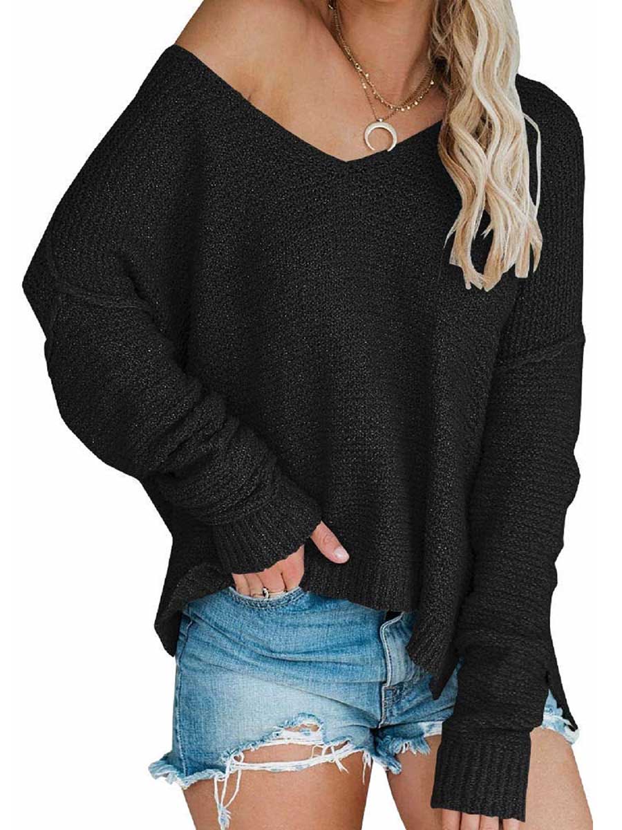 Strapless Knit Sweater Oversized Long Sleeve Sexy V-Neck Loose Pullover