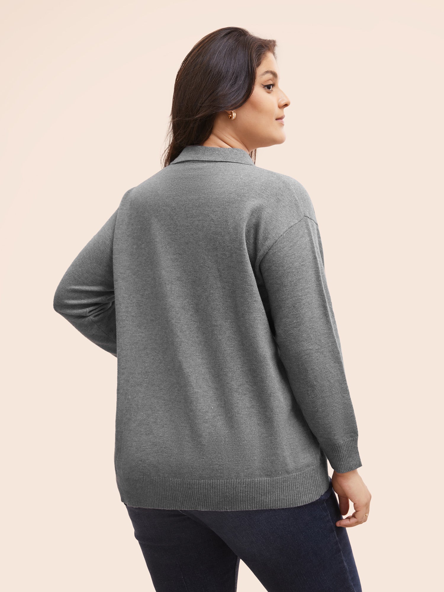 Polo Neck Drop Shoulder Sleeve Soft Pullover