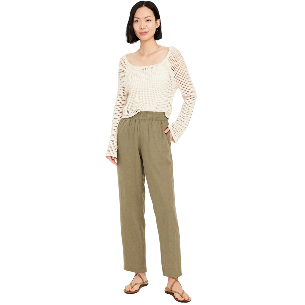 High Waisted Linen Blend Straight Ankle Pants