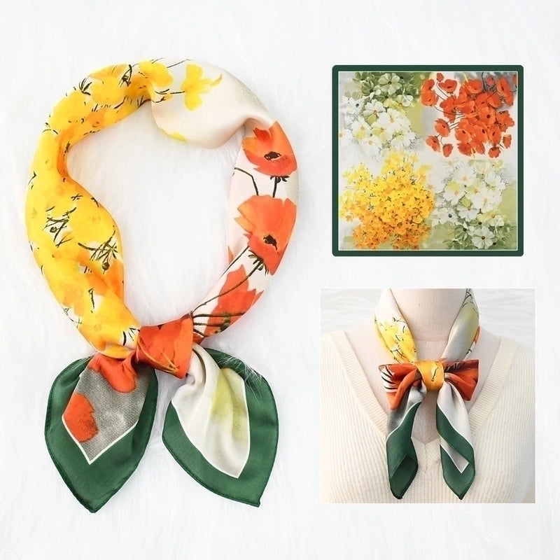 2 Pieces Women's Elegant Plaid Flower Horse Satin Silk Scarf