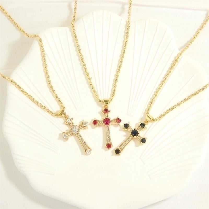 Minimalist Cross Heart Shape Copper 18k Gold Plated Zircon Pendant Necklace In Bulk