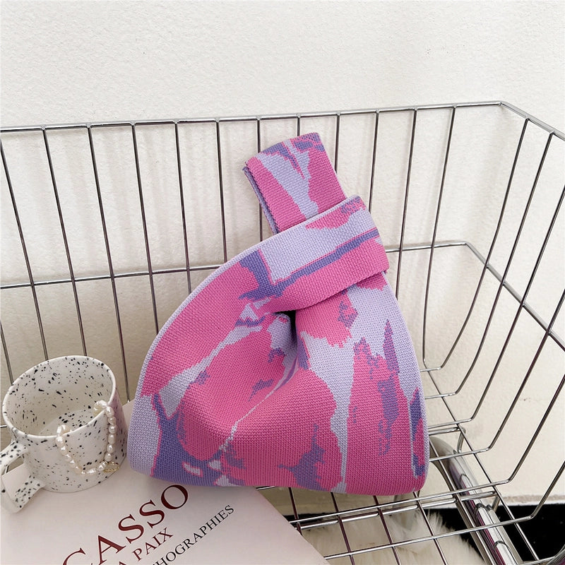 Women's Small Knit Houndstooth Stripe Butterfly Classic Style Square Open Handbag