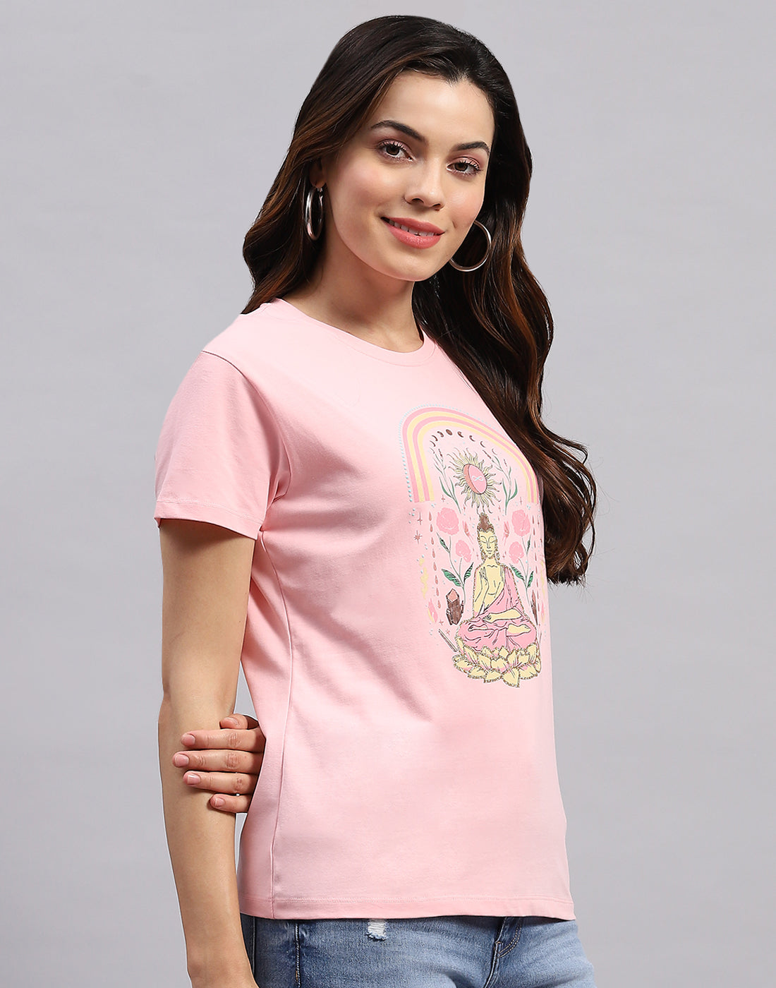 Women Pink Printed Round Neck Half Sleeve Top