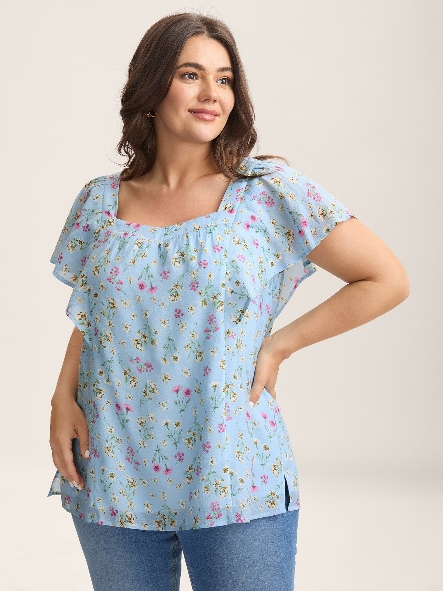 Floral Print Ruffled Flowy Blouse