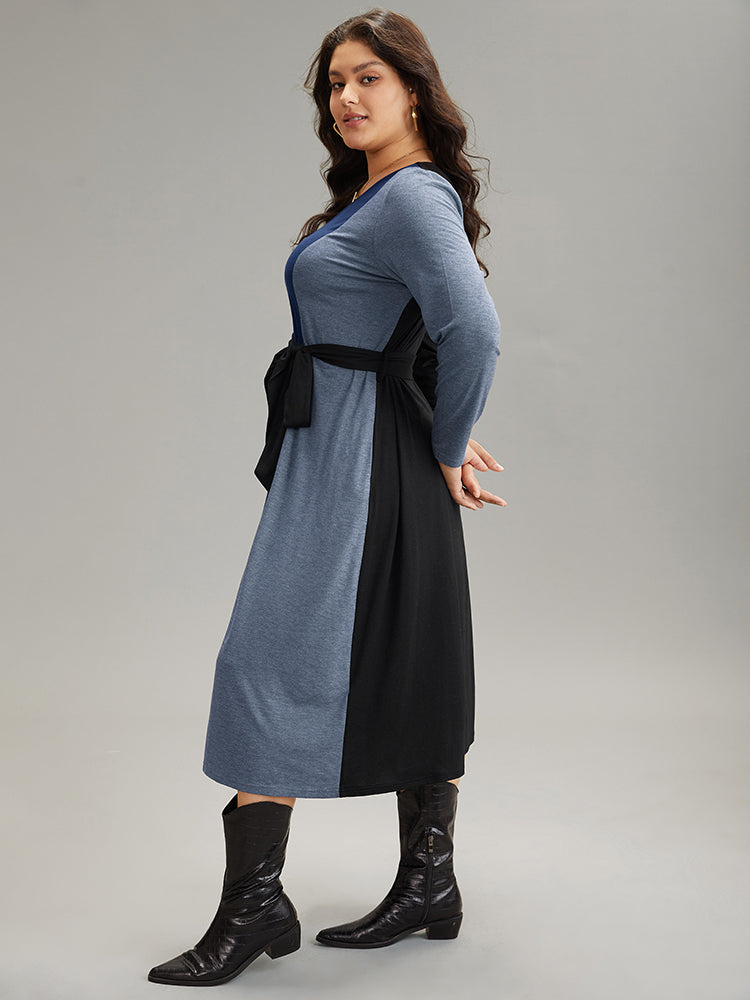 Colorblock Patchwork Belted Pocket Long Sleeve Dress