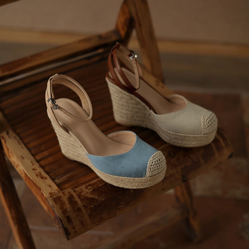 100mm Slingback Espadrille-Wedge Leather Sandals Ankle Strap in Apricot/Blue