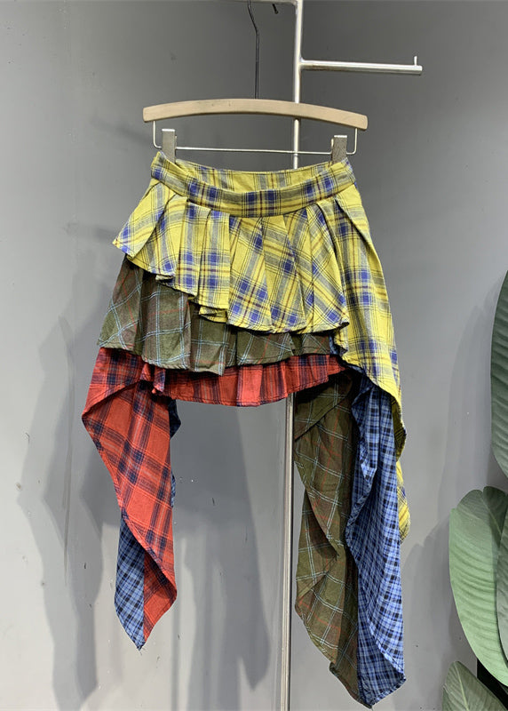 Chic Colorblock Plaid Asymmetrical Patchwork Skirts Summer