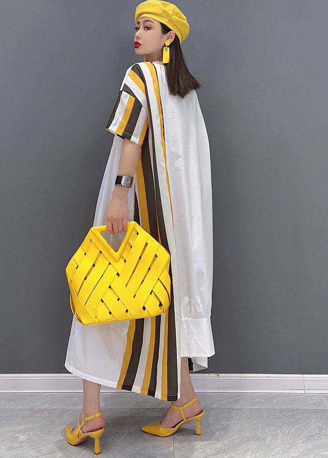 Chic Yellow Asymmetrical Striped Print Patchwork Cotton Maxi Dresses Short Sleeve Summer