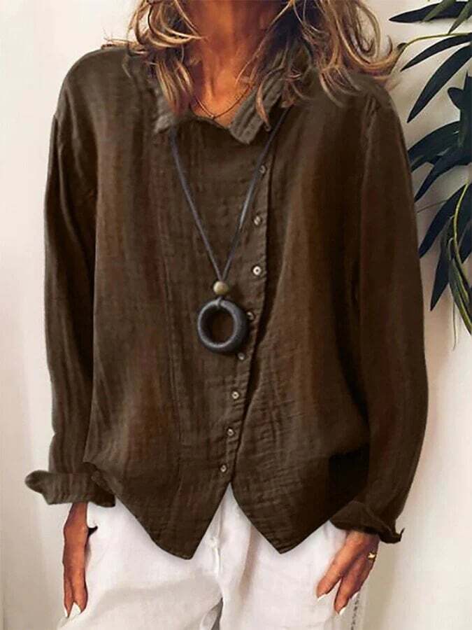 Ladies cotton and linen loose solid color temperament shirt