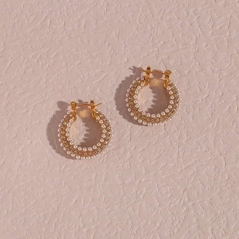 1 Pair Fashion U Shape Plating Inlay 304 Stainless Steel Pearl Zircon 18K Gold Plated Hoop Earrings